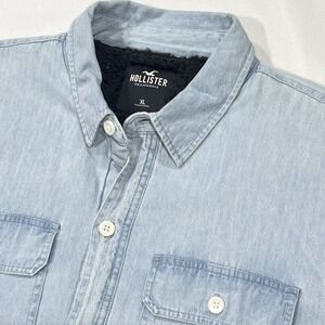 Hollister Men Chambray Blue Button Up Long Sleeve Fleece Lined Jacket Size XL